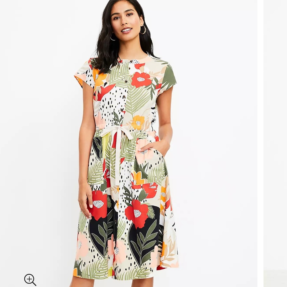 LOFT Tropical Midi Utility Pocket Shirtdress